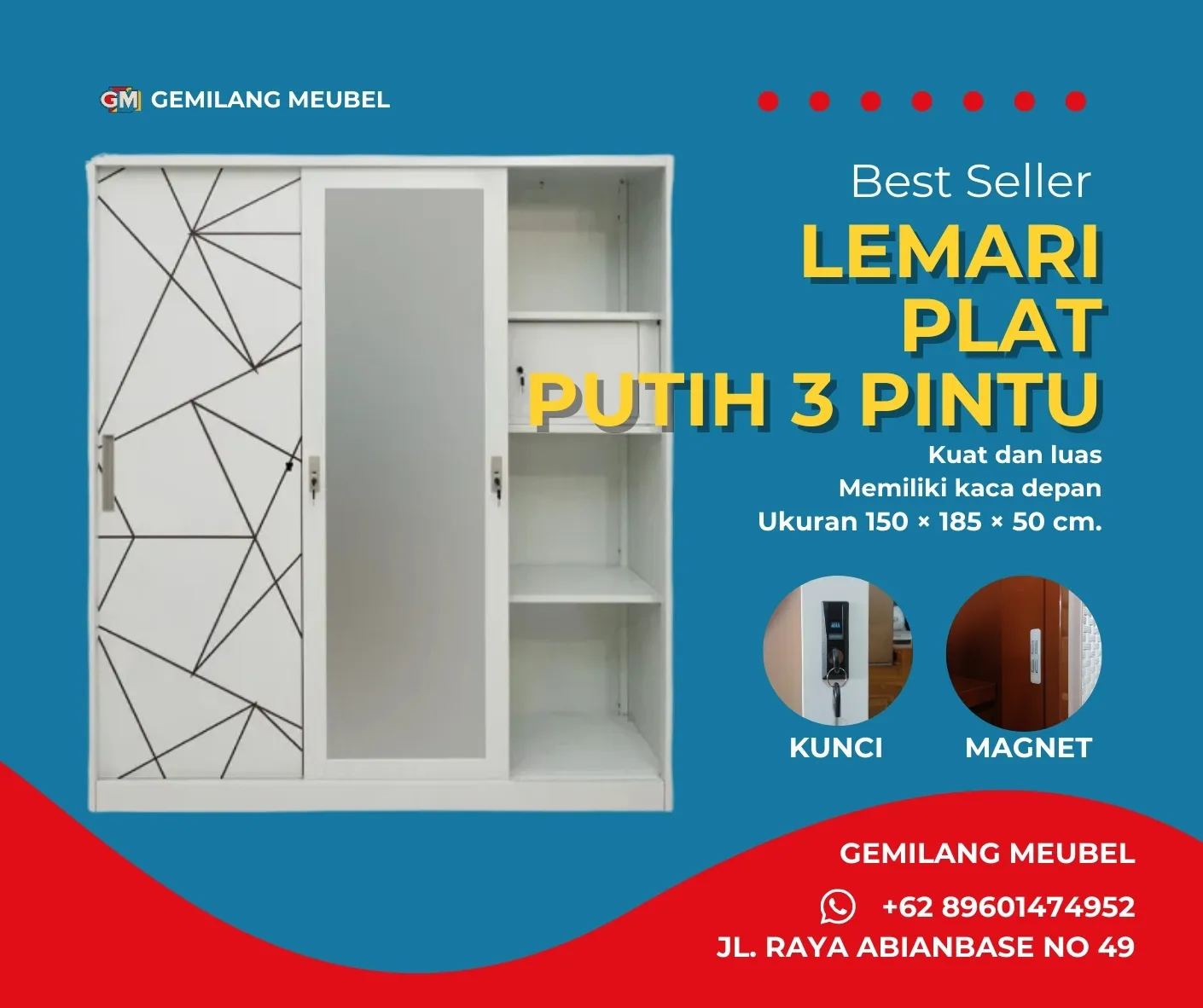Harga LEMARI PLAT BESI 3 PINTU di Gemilang Meubel Bali